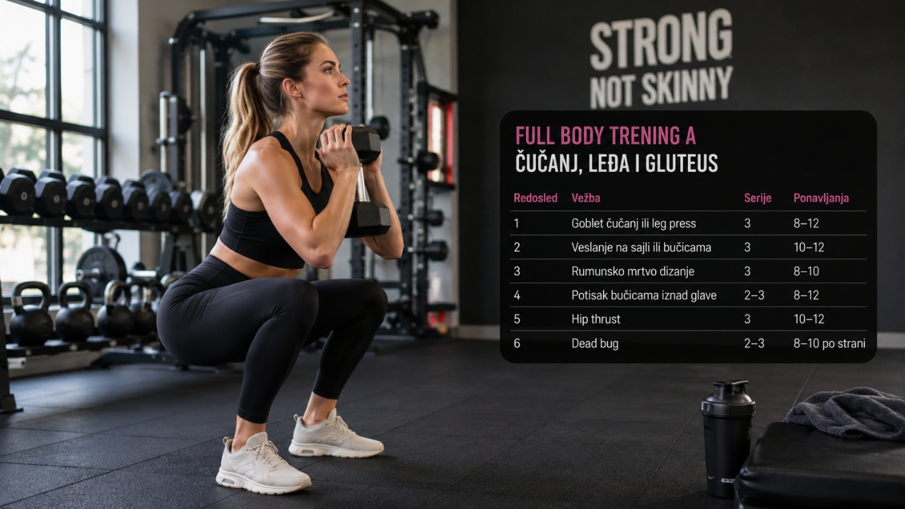 Žena radi goblet čučanj u teretani uz prikazan plan full body treninga