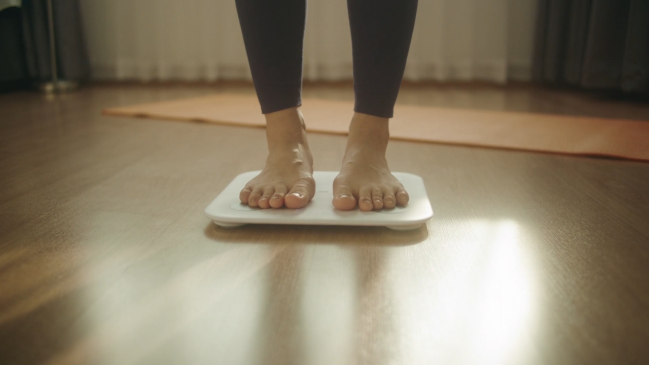 Žena stoji na digitalnoj vagi pored prostirke za vežbanje